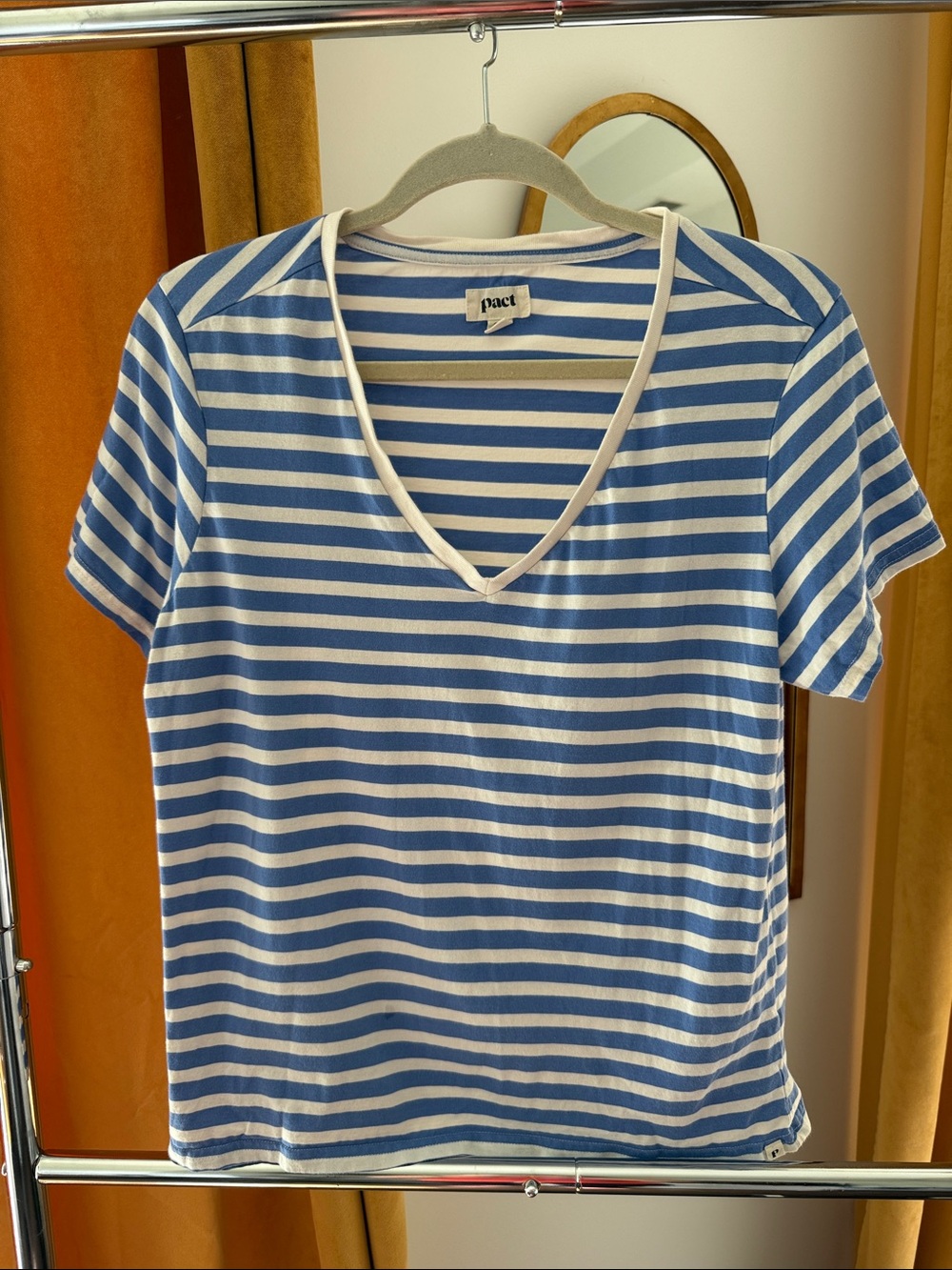 Pact Organic Cotton Blue and White Striped V-Neck Tee Shirt